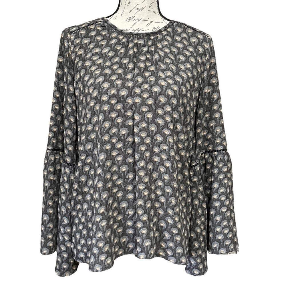 LOFT Bell Sleeve Back Tie Neck Blouse Size XS Brown Peacock Feather Print NEW